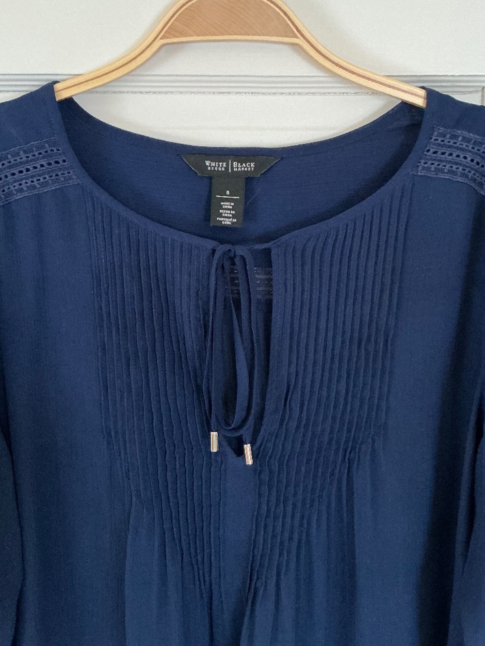 White House Black Market Blouse Navy Blue Size 8 Boho Style Top - Picture 2 of 13